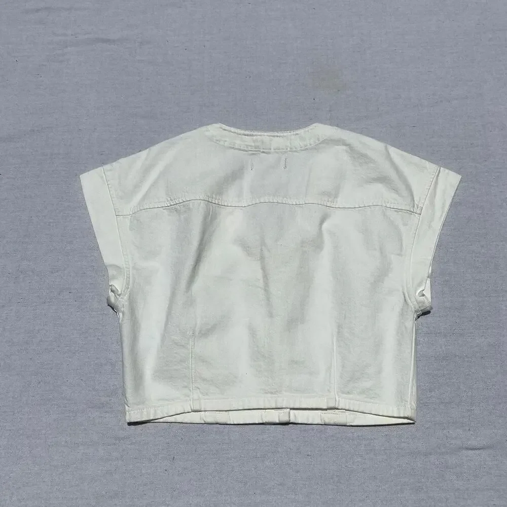 Madewell White Cropped V-Neck Button Front Top - Picture 4 of 7